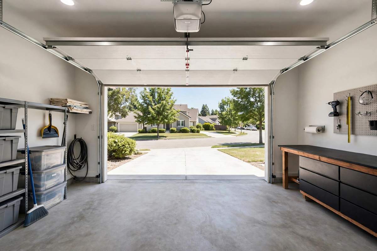 Garage interior with the door open to the driveway
