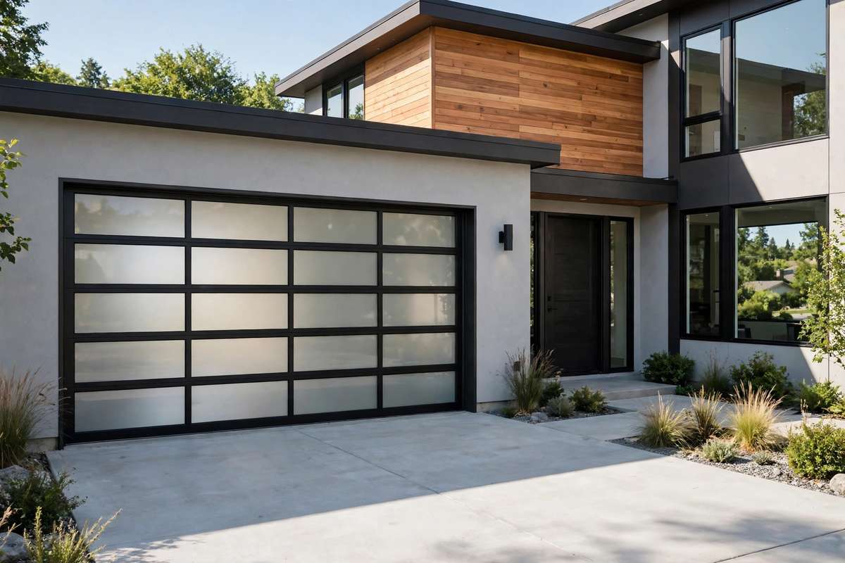 Modern glass garage door on a home
