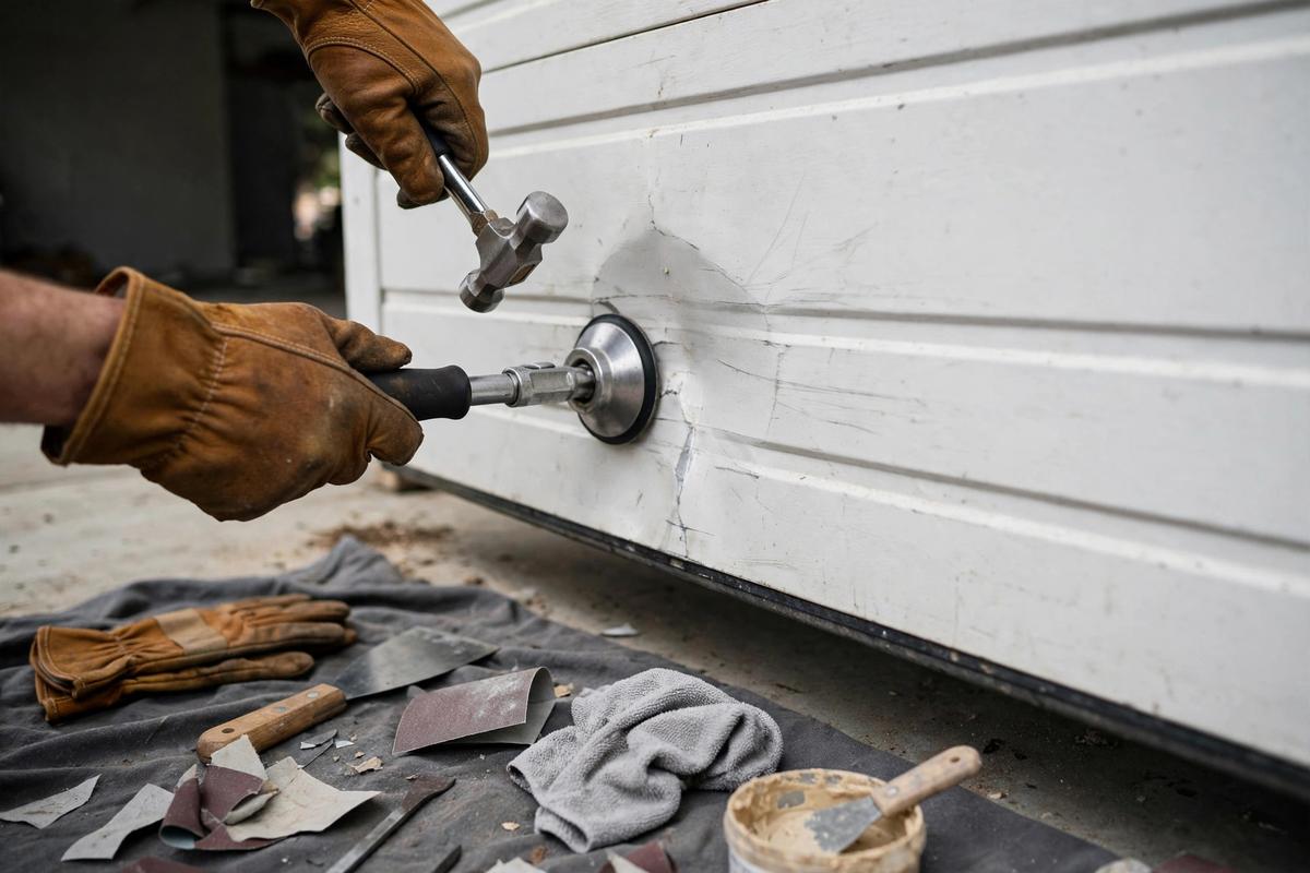 Garage door panel dent repair in progress