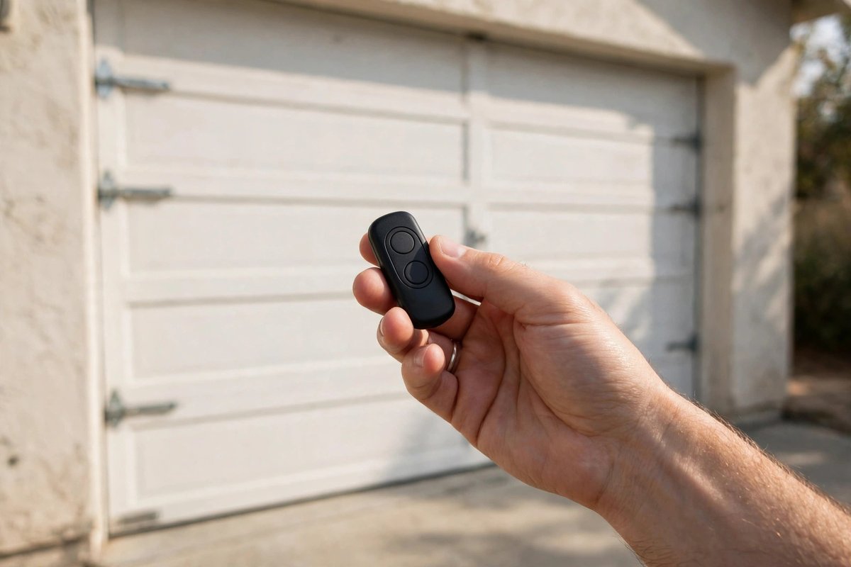 Garage door remote control in hand near a garage door