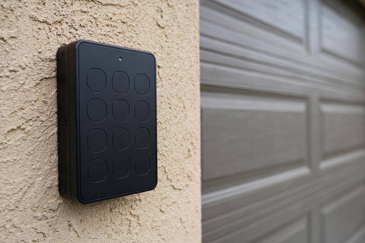 Smart garage door keypad beside a garage door