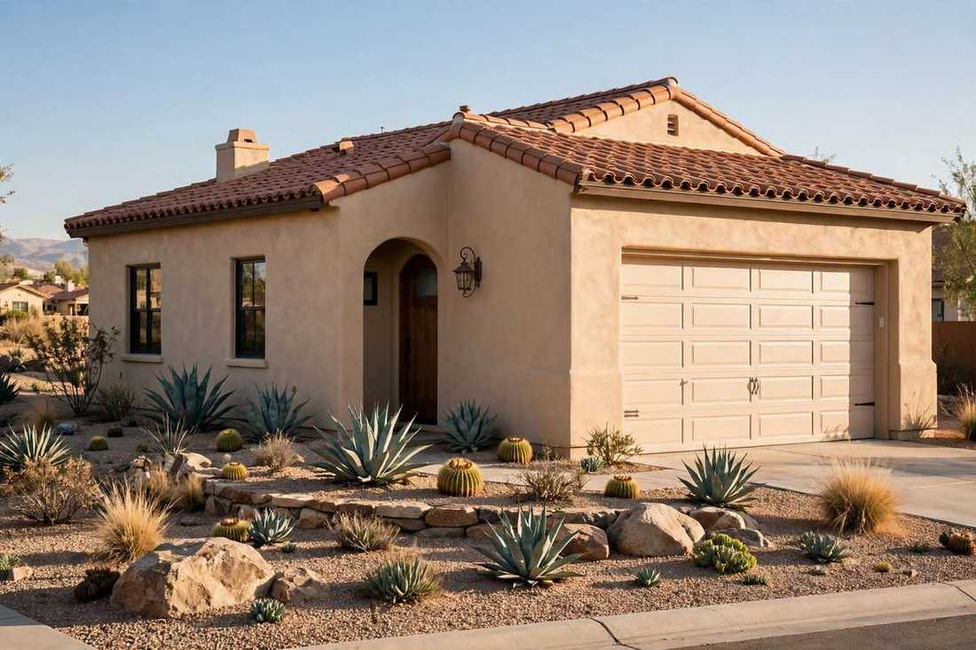 Bakersfield stucco home with tile roof and garage door