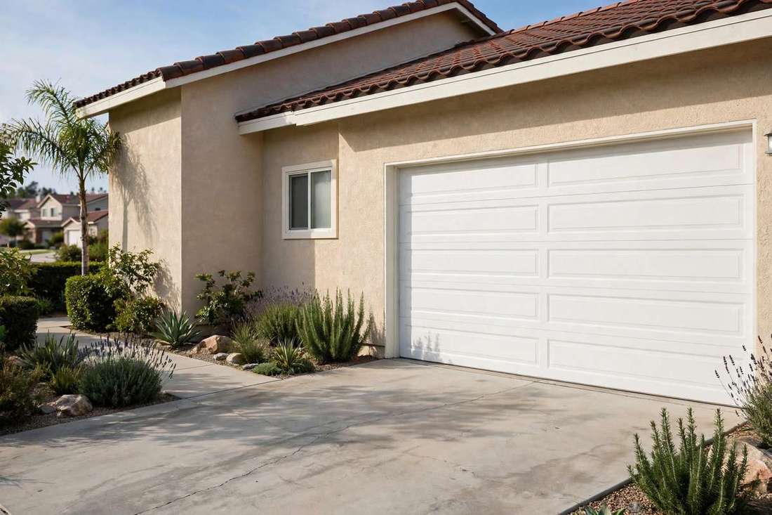 Suburban home with a closed sectional garage door