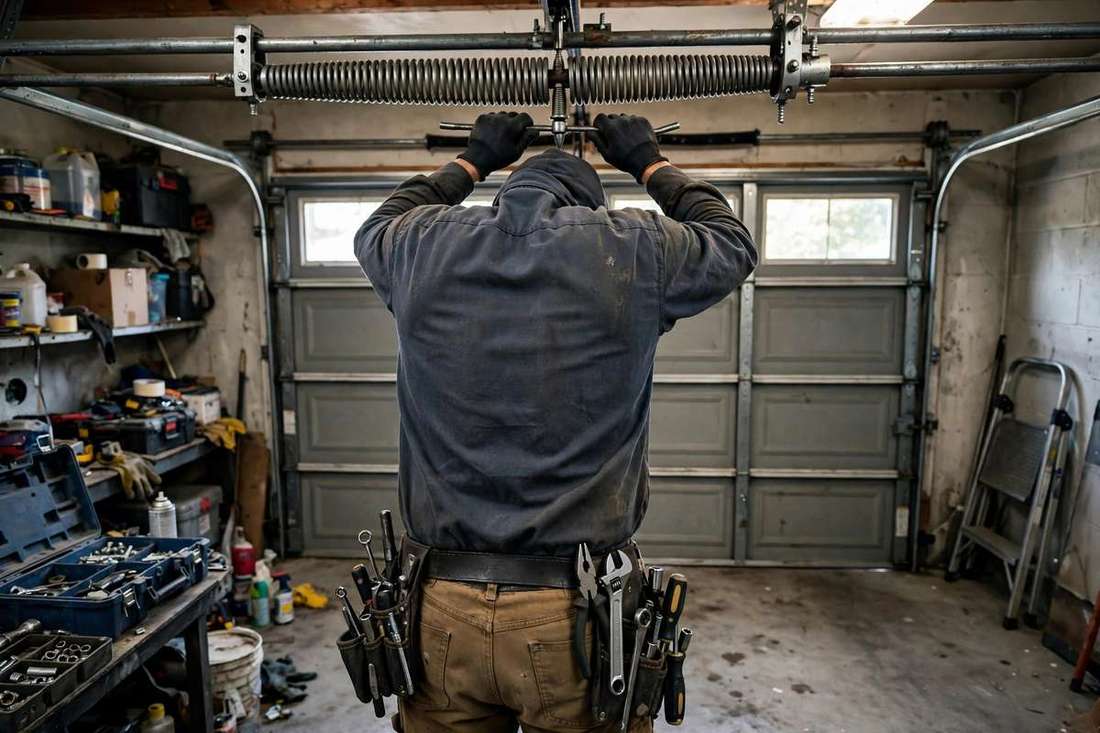 Technician servicing a garage door spring